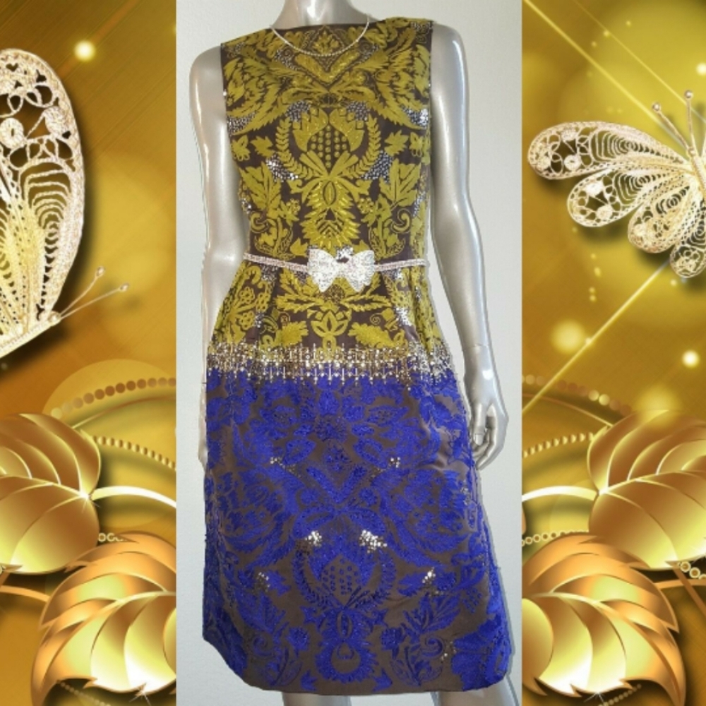 $4,990 OSCAR DE LA RENTA EXCL GOLDEN BLUE SILK EMBROID BEAD RUNWAY DRESS 12